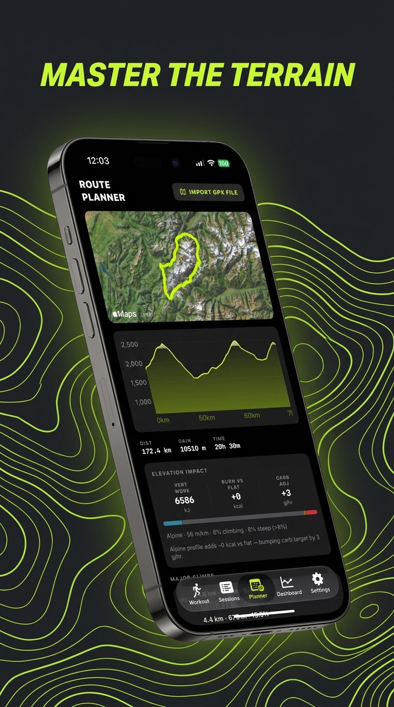 ReFuel route planner screen with elevation and terrain analysis