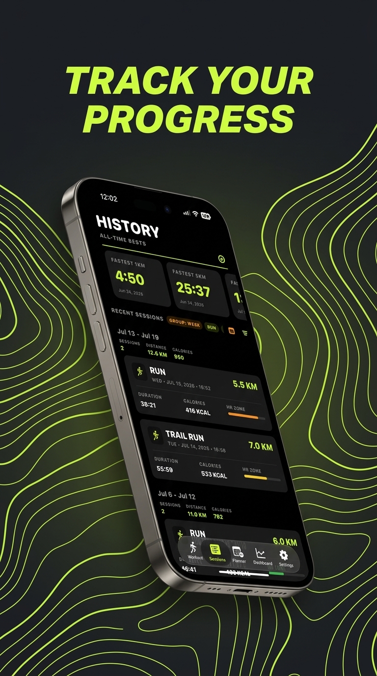 ReFuel history screen showing all-time bests and recent sessions