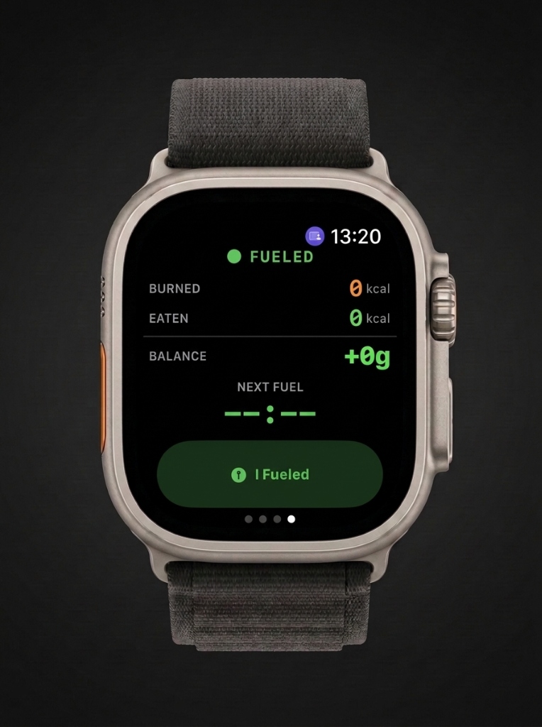 Apple Watch Ultra showing ReFuel's fueling screen with calories burned, eaten, balance, and an I Fueled button