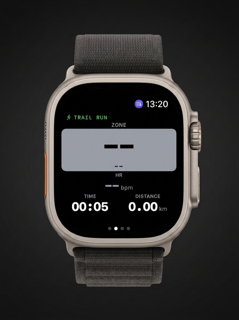 Apple Watch Ultra showing ReFuel's trail run workout screen with heart rate zone, time, and distance